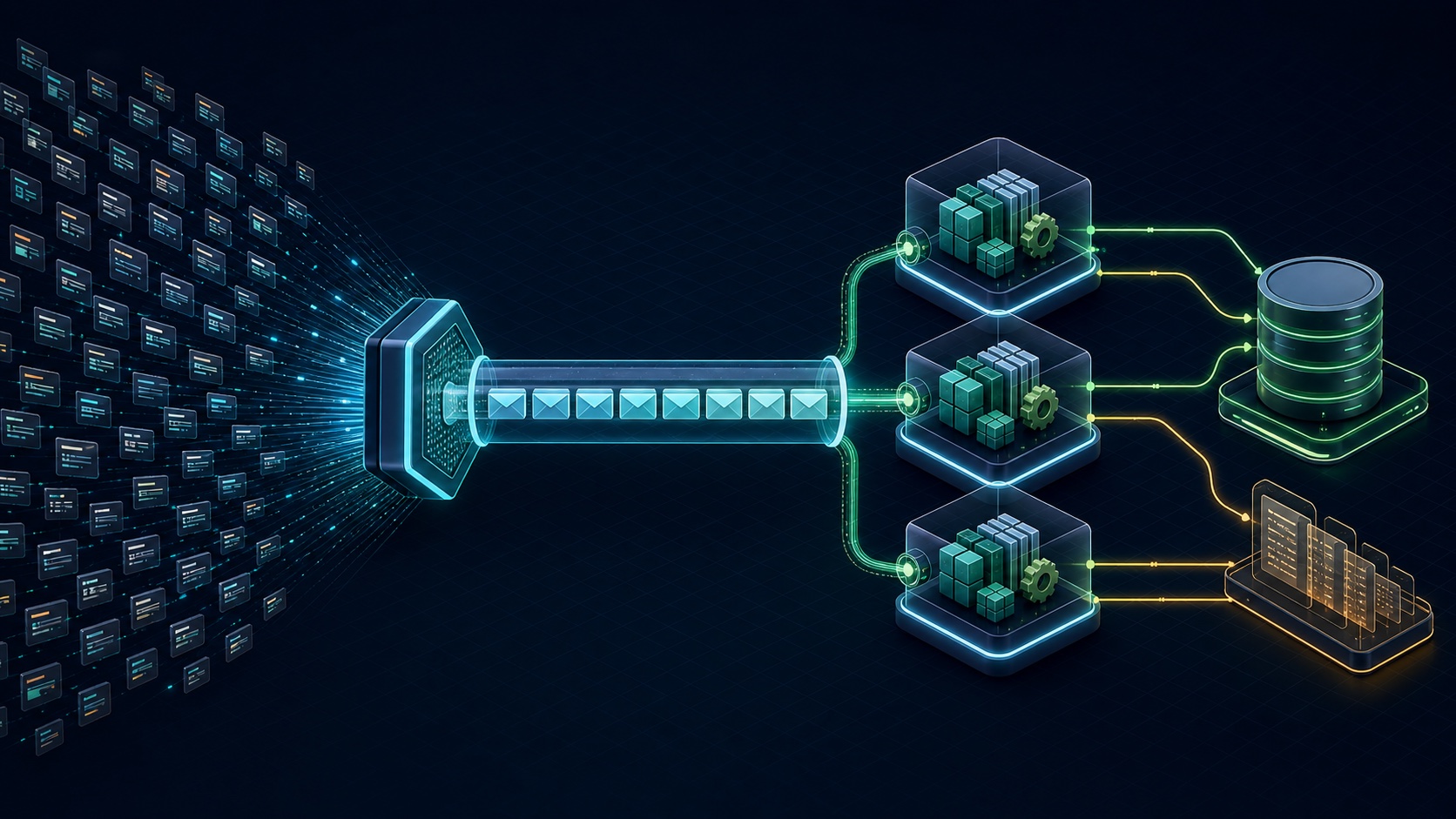 Architecture diagram showing a large claim corpus entering an API, crossing a message bus, fanning out to three parallel workers, and persisting outcomes and audit evidence