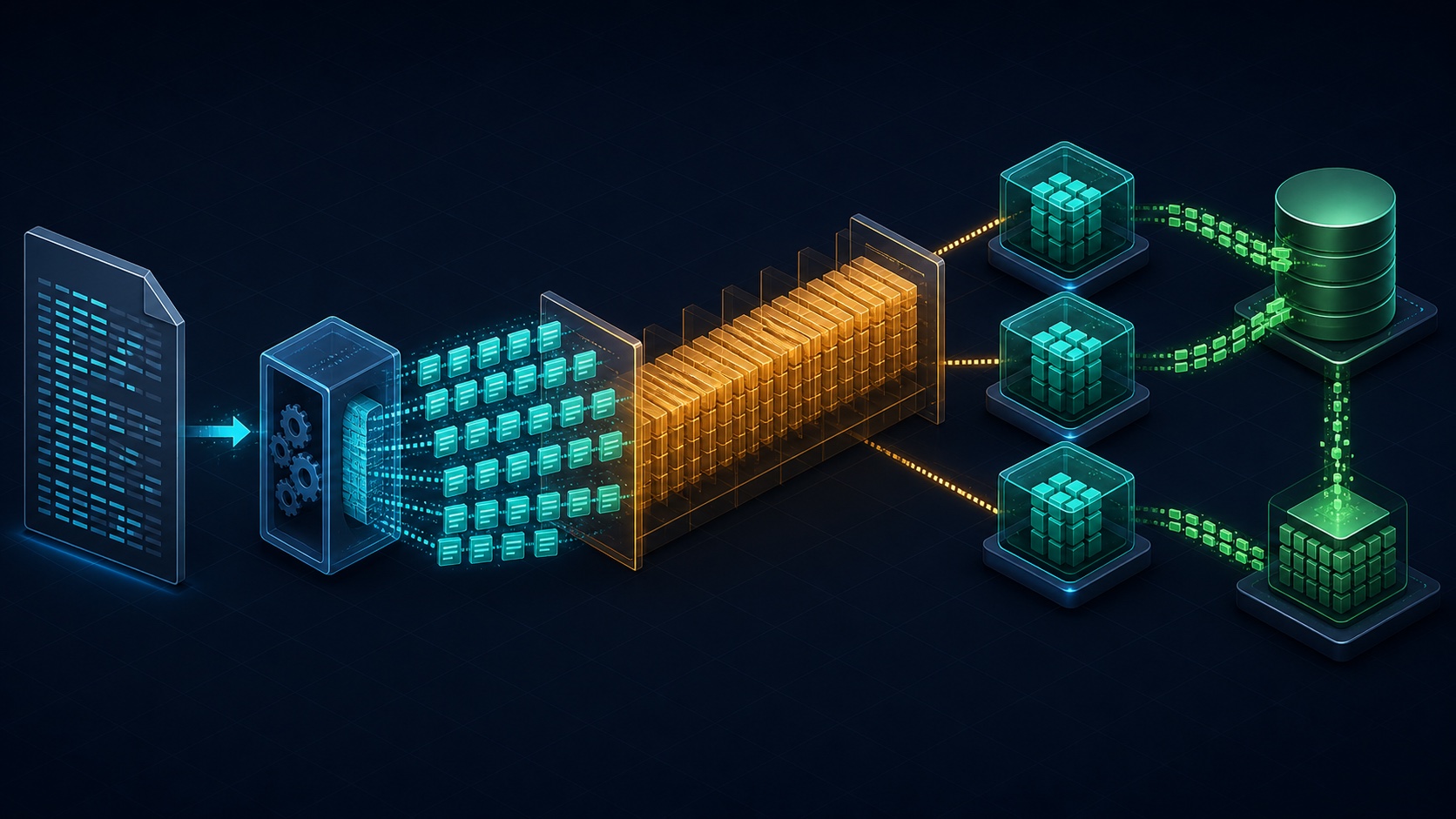 Architecture diagram showing one raw EDI file becoming many claim records, building a buffered queue, then fanning out to parallel workers and durable stores