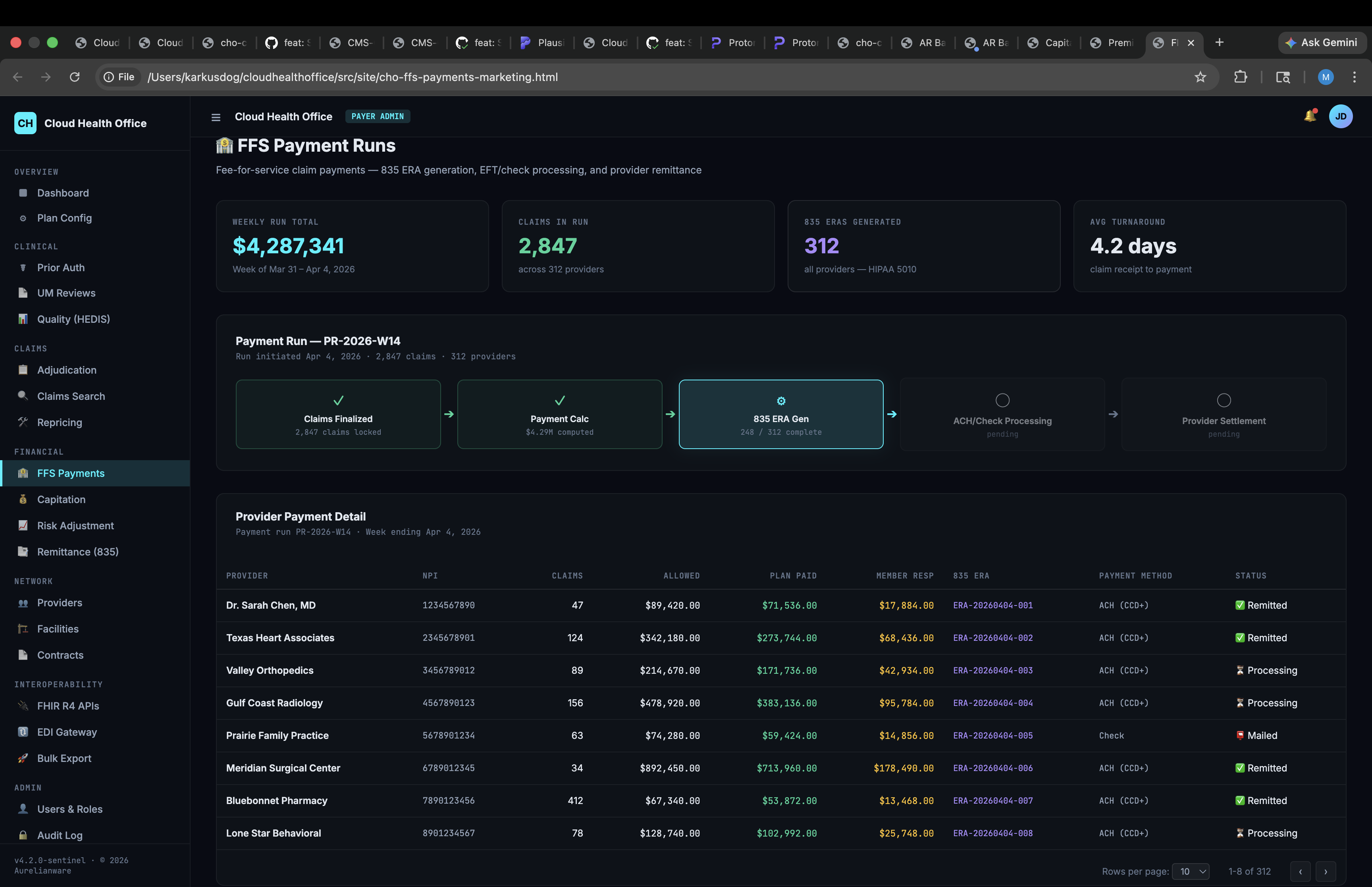 Cloud Health Office FFS Payment Runs — $4.3M weekly run, 2,847 claims across 312 providers, 835 ERA generation, ACH/check processing with provider remittance