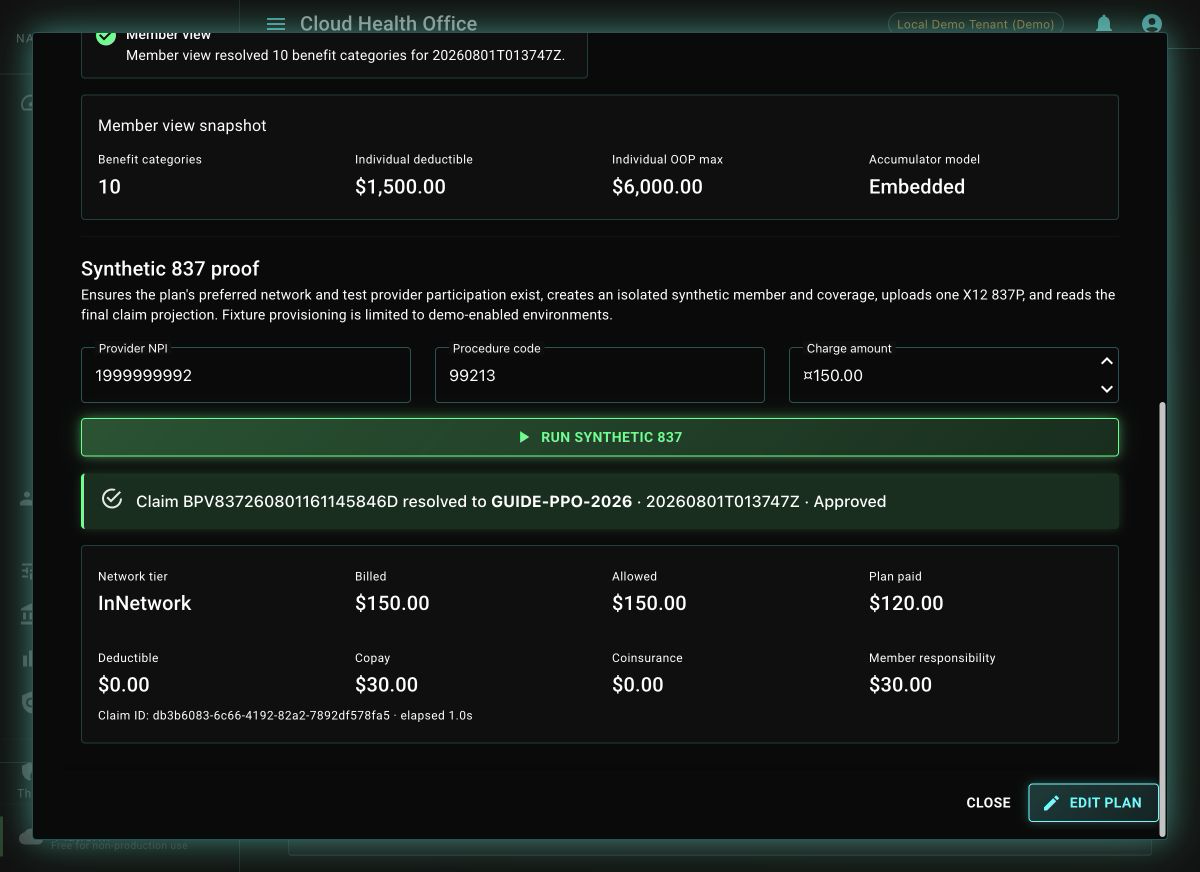 Synthetic 837 validation result showing the exact resolved benefit plan, terminal claim status, network tier, and financial responsibility amounts.