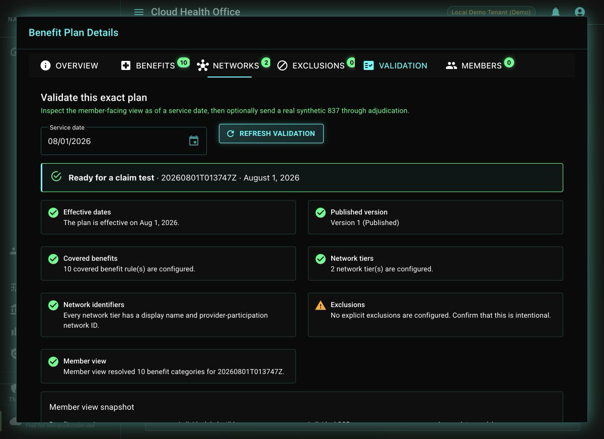 Benefit plan Validation tab showing successful effective-date, published-version, covered-benefit, network-tier, and member-view checks.
