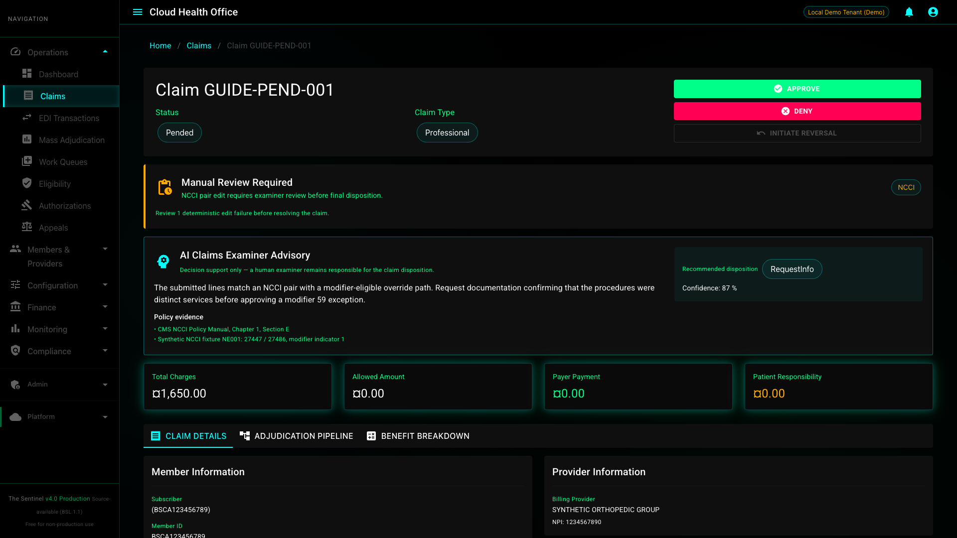 Synthetic pended claim detail showing the manual review reason and an AI Claims Examiner advisory with Request Info recommendation, rationale, policy evidence, and confidence.