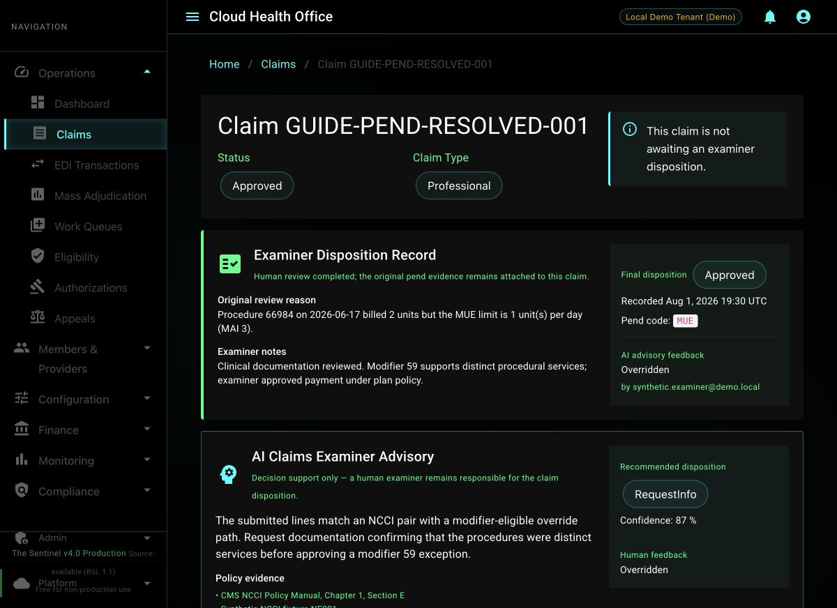 Resolved synthetic claim showing its final examiner disposition, original pend reason, examiner notes, pend code, and retained AI feedback.