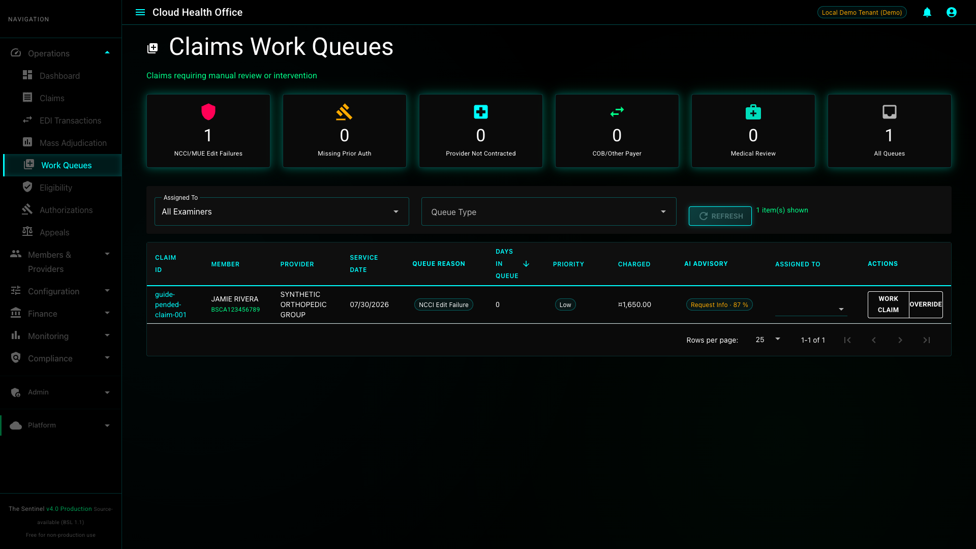 Cloud Health Office work queue showing one synthetic NCCI-pended claim, its priority, procedure codes, and an optional Request Info AI advisory.