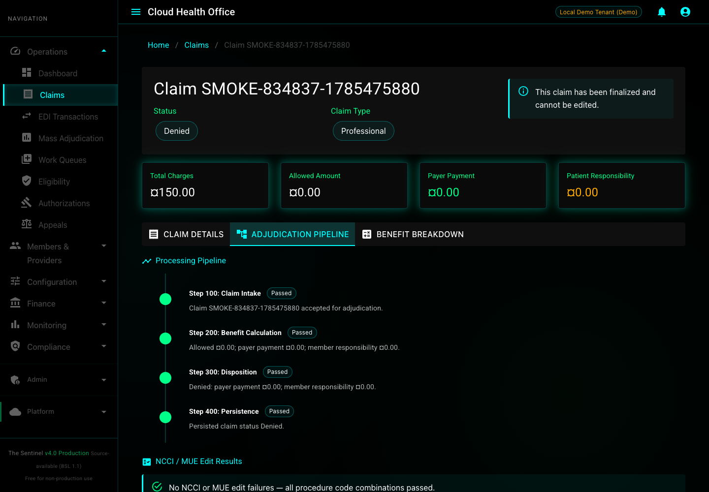 Cloud Health Office asynchronous 837 flow from raw X12 intake through Service Bus and the adjudication stages to persisted claim status.