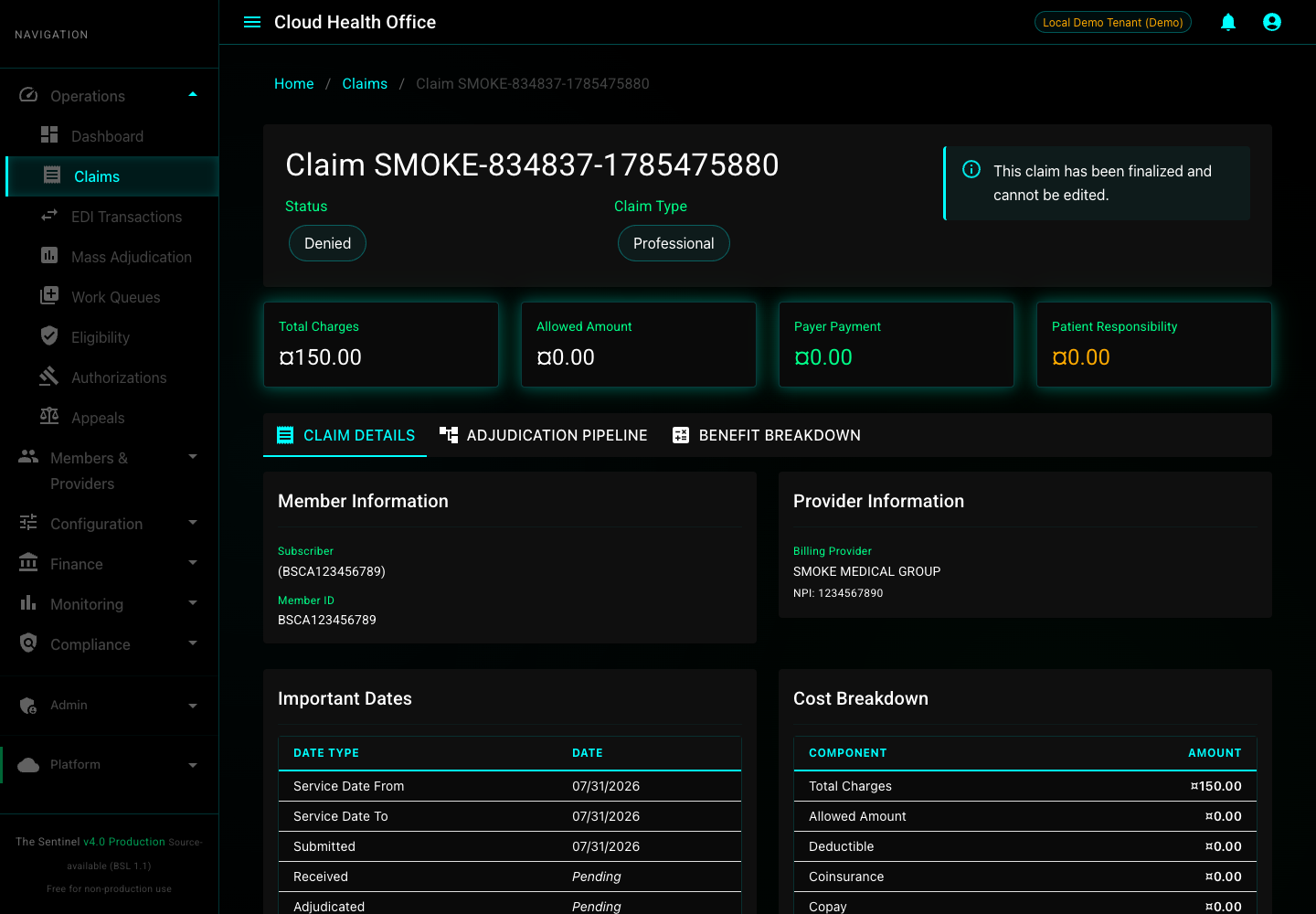 Cloud Health Office claim detail page showing a synthetic denied professional claim, financial summary cards, member information, and provider information.